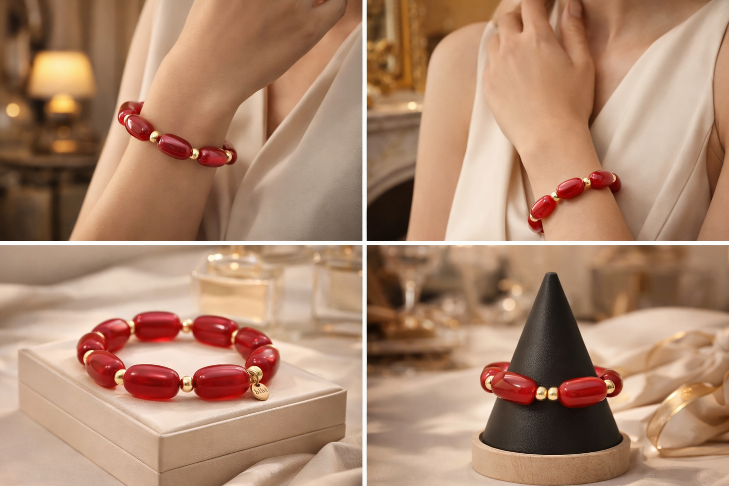 Biba elastisches Armband mit Resin Perlen in Kirschrot