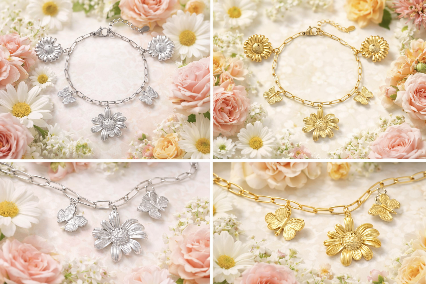 Armband „Botanical Bliss“ filigran Blumen Schmetterlinge Gold  Silberfarben Nickelfrei Yehwang