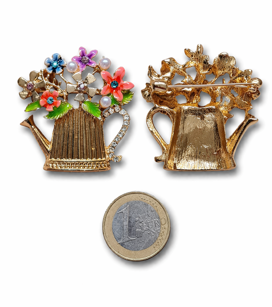 Brosche Gießkanne Blumenstrauß Blumen vintage Garten
