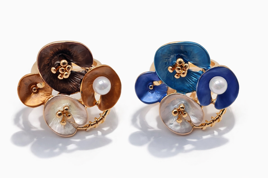 Ring Elastischer Ring Emailliertem Volant Lotusblätter Blau Braun Amorino