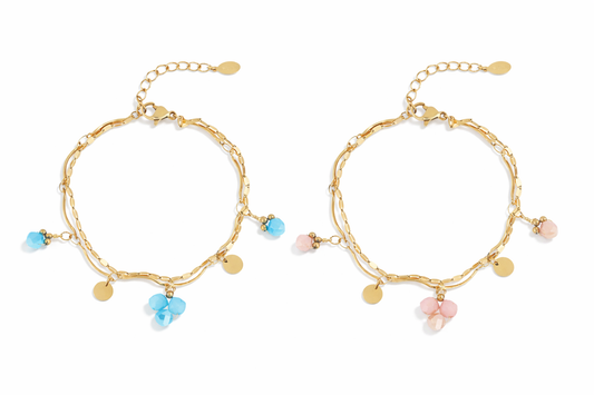 Armband Filigranes Doppelarmband Beige-Rosa Blauen Crystal Perlen Nickelfrei Yehwang