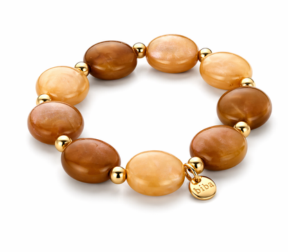 Armband elastisch Braun-Natur Lila-Töne Mat-Goldene Perlchen Nickelfrei Biba