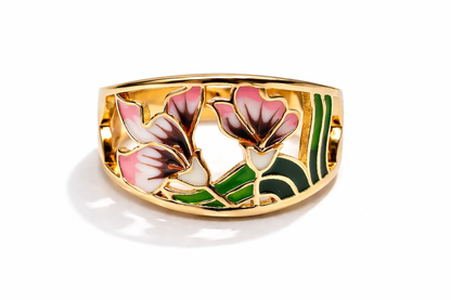 Ring Jungendstil Blumen Muster Goldfarben Rosa Grün Nickelfrei Große 8 9 10 Amorino