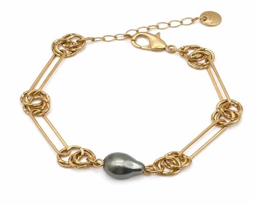 Armband Gliederarmband in Matt Goldfarben mit grau oder Goldfarbene Perle Biba