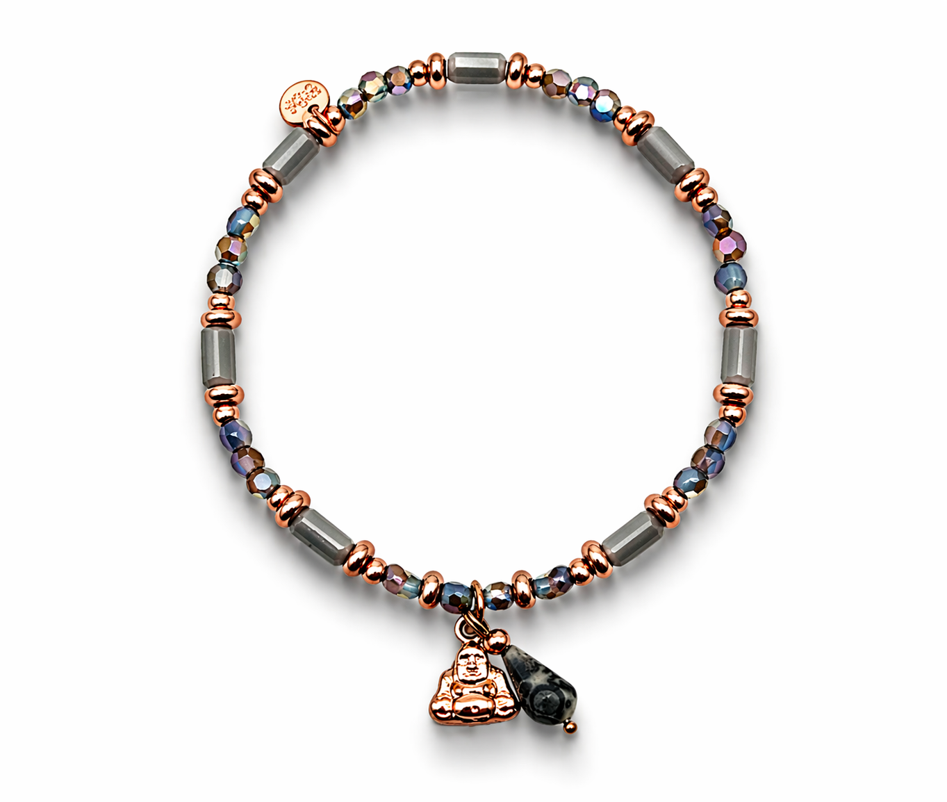 Armband elastisch Hellgraue Elementen  Goldfarben Anhänger Buddha Biba