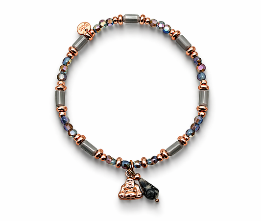 Armband elastisch Hellgraue Elementen  Goldfarben Anhänger Buddha Biba