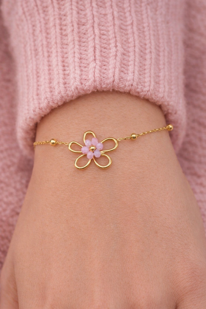 Armband Doppel Bettelarmband Gold Crystal 17,5 cm Blume Rosa Nickelfrei Sweet7