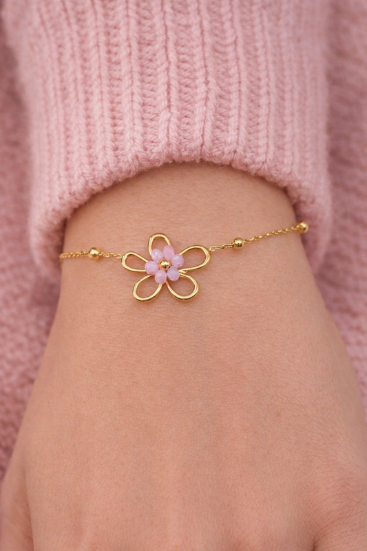 Armband Doppel Bettelarmband Gold Crystal 17,5 cm Blume Rosa Nickelfrei Sweet7