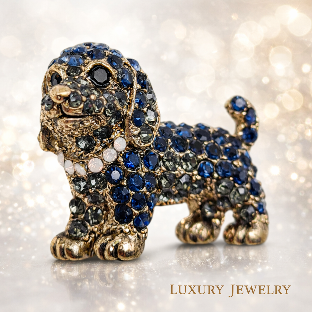 Brosche hünchen hund welpe haustier Blau Schwarz Goldfarben modeschmuck