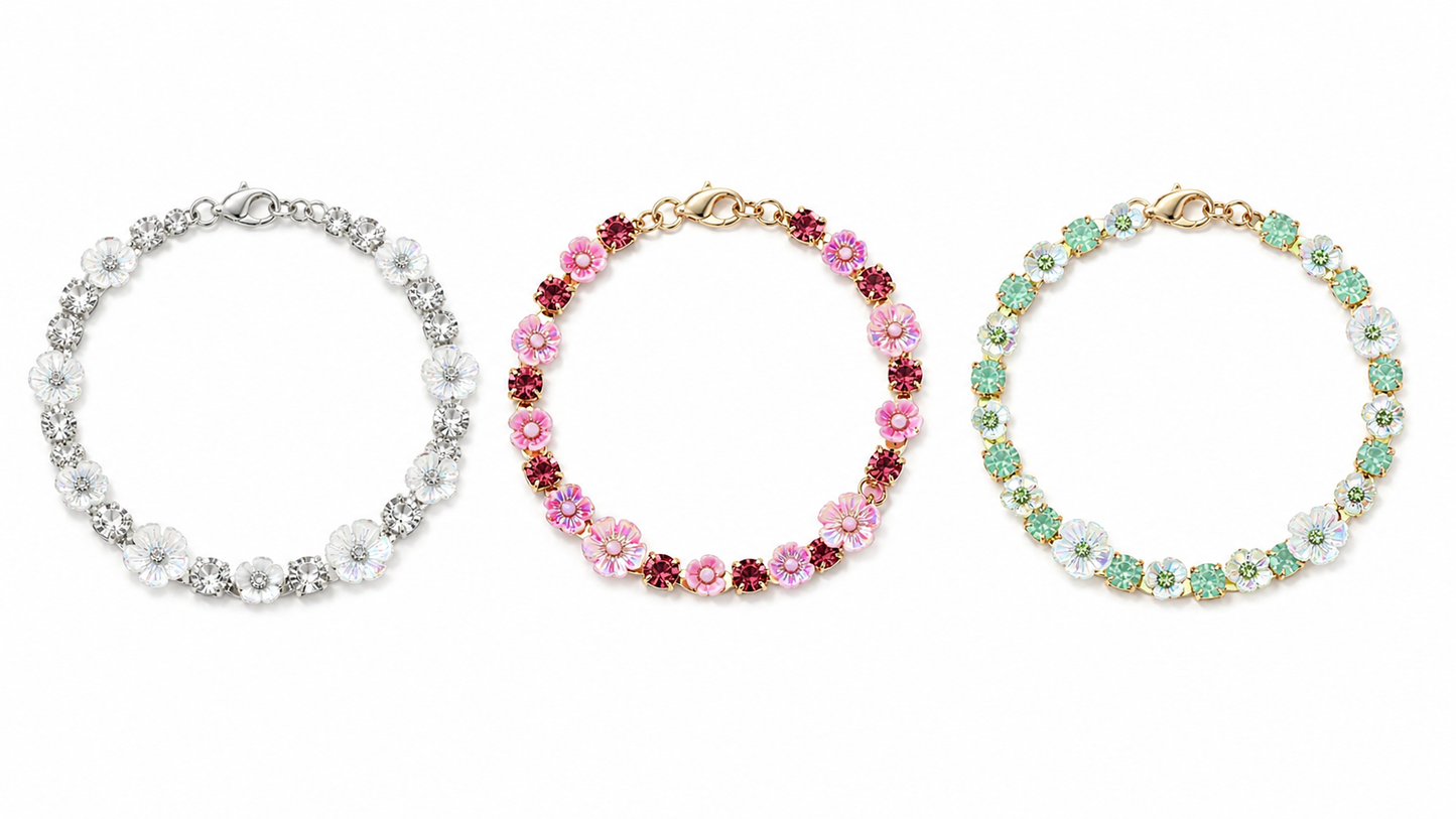 Armband mit Emaille und funkelnden Strasssteinen Flowerpower Blumen