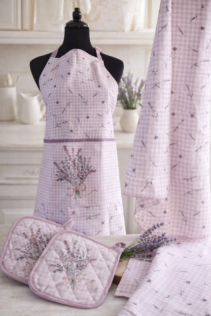 Kuchenset Schurze Topflappen Trockentuch Rosa Lavendel Blumen Mediteran