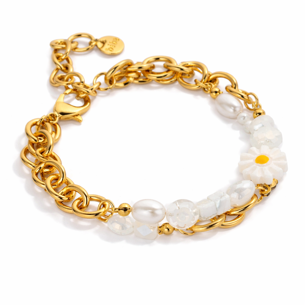 Armband Goldfarben mit Gänseblümchen und Süßwasserperlen Elegant Biba