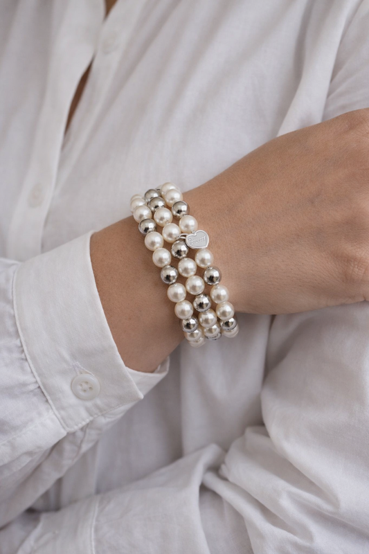 Armband-Set elastisch Kunstperlen Silberperlen elegant Hochzeit White Party Sweet7