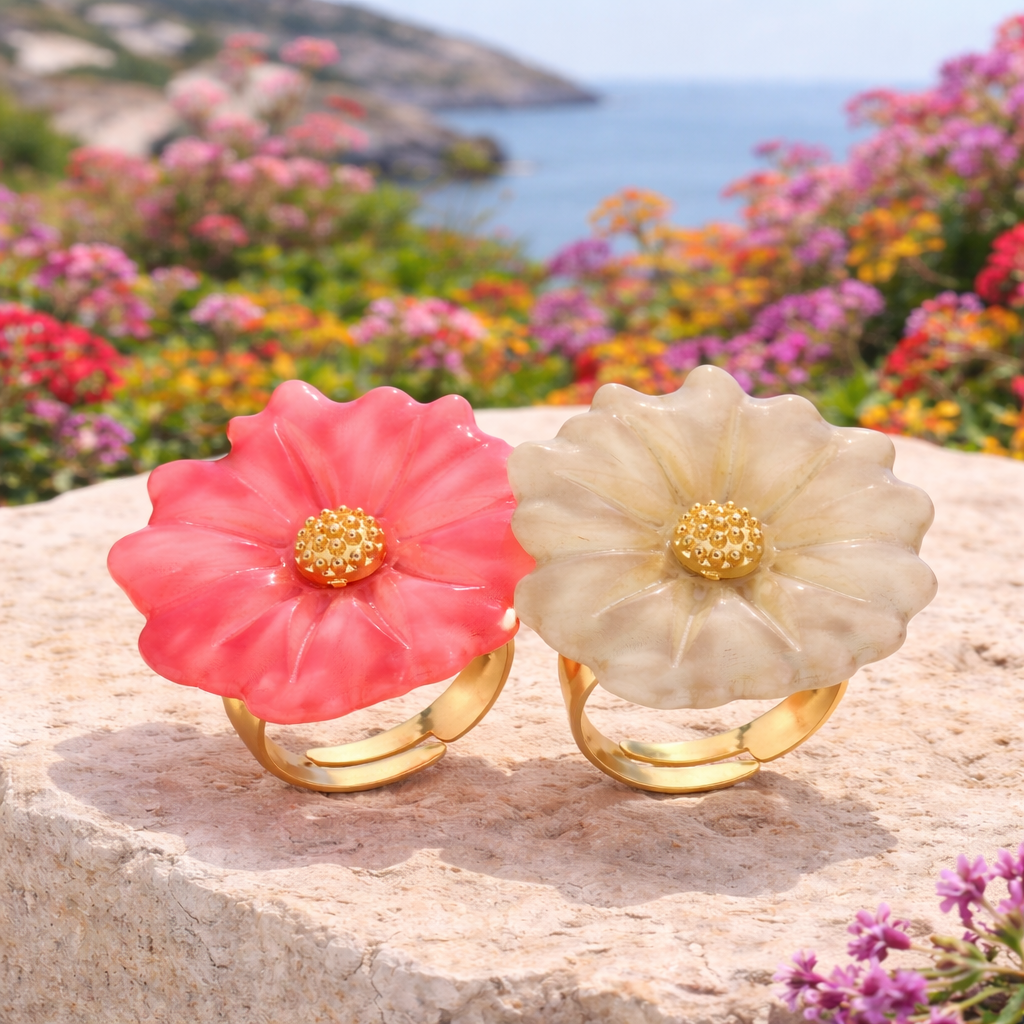 Ring One Size "Ibiza Flower" Trend nickelfrei Rosa Creme-Beige Mediteran