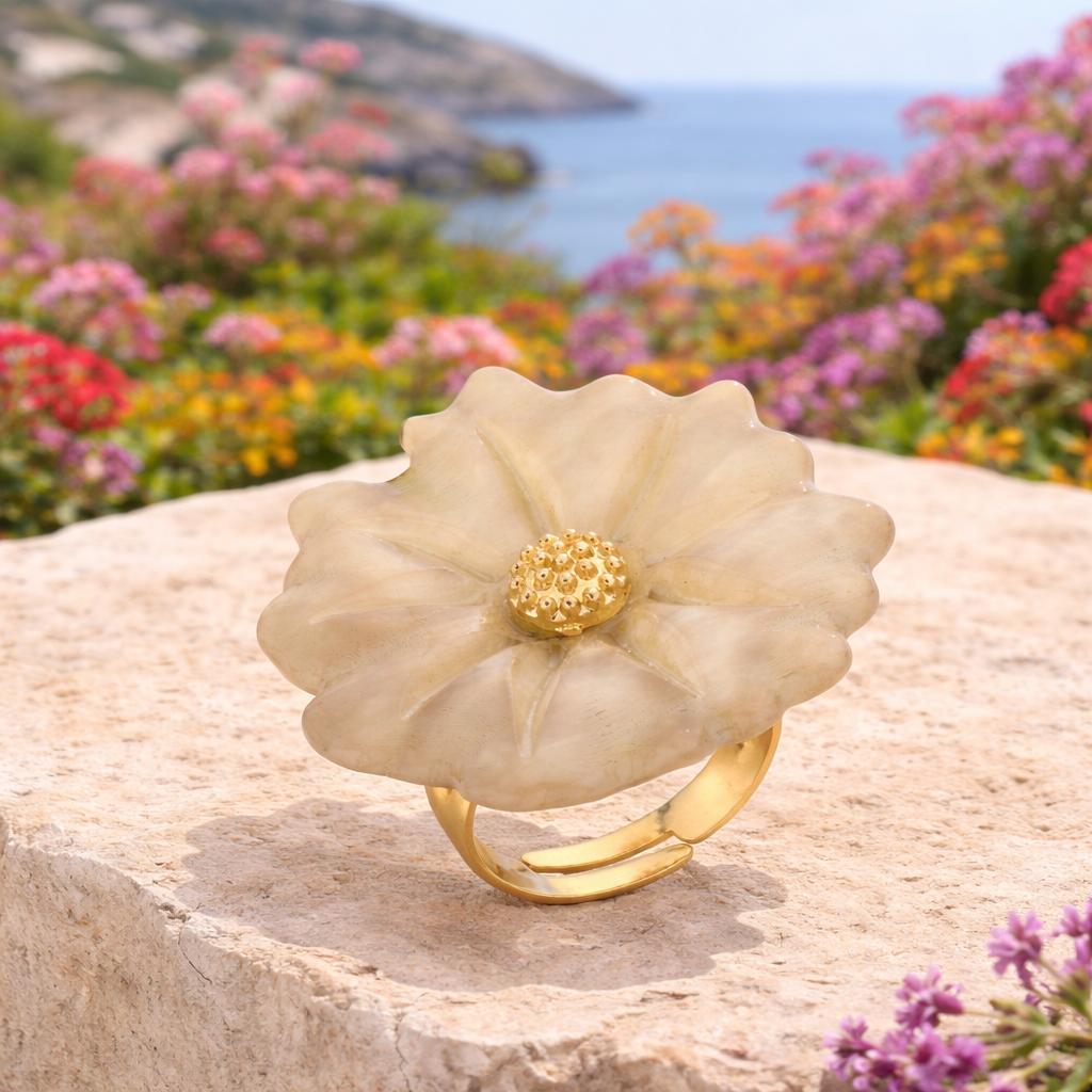 Ring One Size "Ibiza Flower" Trend nickelfrei Rosa Creme-Beige Mediteran