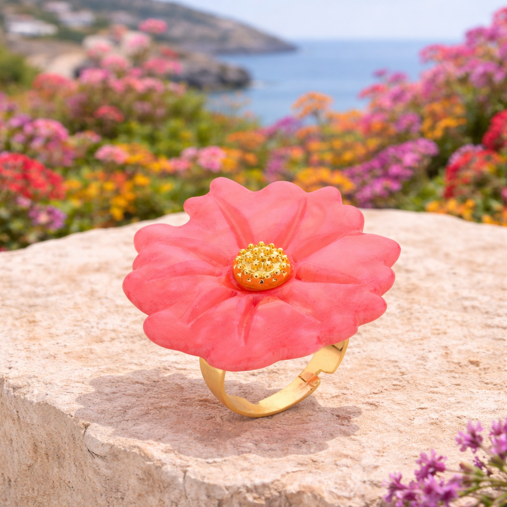 Ring One Size "Ibiza Flower" Trend nickelfrei Rosa Creme-Beige Mediteran