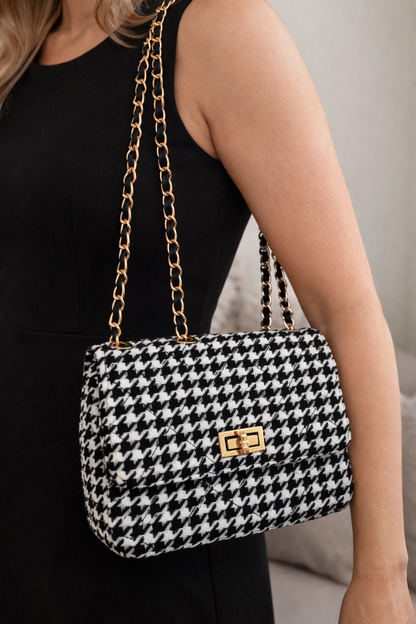 Yehwang Karierte Tasche mit Metallriemen und Verschluss Schwarz & Weiß Polyester Pied de poulle