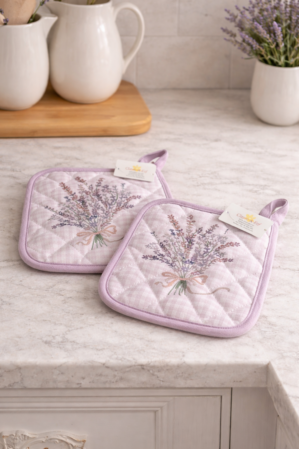 Kuchenset Schurze Topflappen Trockentuch Rosa Lavendel Blumen Mediteran