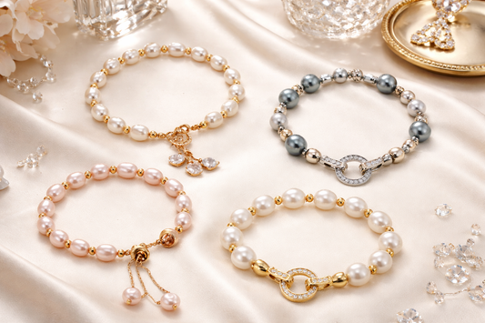 Armbänder Edelstahl Cosmos Silbergrau Perlen Goldfarben nickelfrei