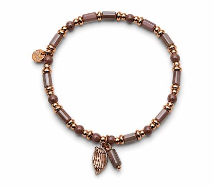 Armband elastisch Lila Grau Töne mit goldfarbenen Blattanhänger Trend Sommer Biba