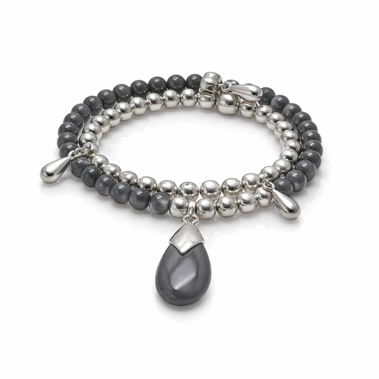 Armband elastisch Silberfarbig Dunkelgraue Jade Steinchen Nickelfrei Biba